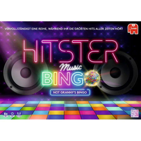 Neon-Hitster-Music-Bingo-Schild mit Lautsprechern und Diskokugel vor buntem Tanzboden.