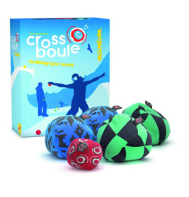 Crossboule-Box mit drei gemusterten Stoffbällen in Blau, Grün und Rot vor der Verpackung.