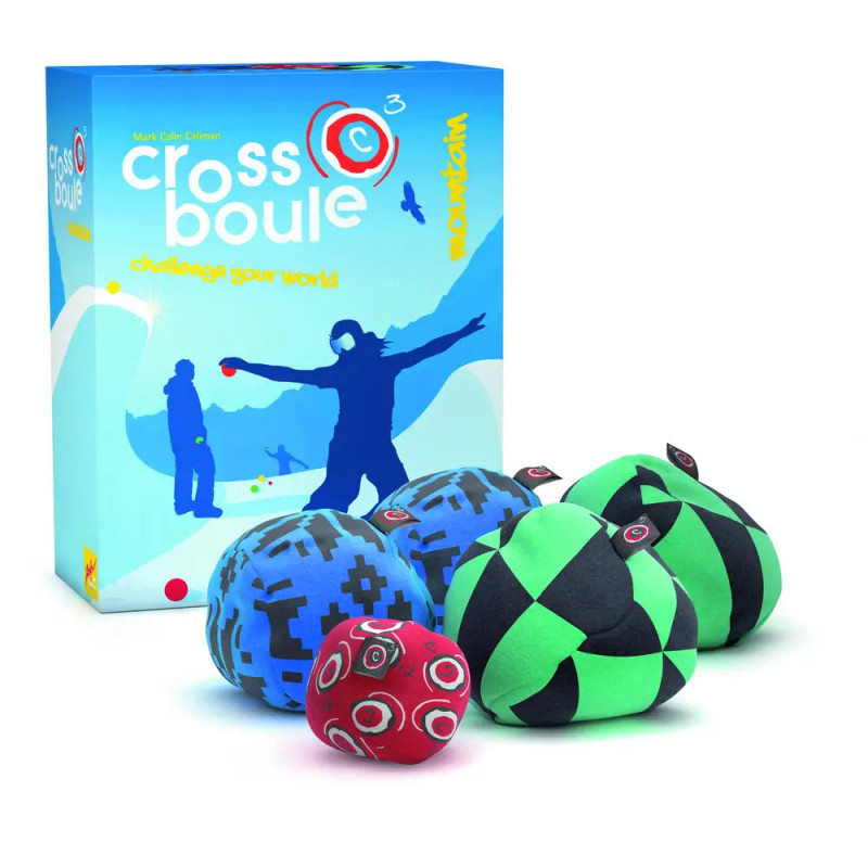 Crossboule-Box mit drei gemusterten Stoffbällen in Blau, Grün und Rot vor der Verpackung. Crossboule-Box mit drei gemusterten Stoffbällen in Blau, Grün und Rot vor der Verpackung.