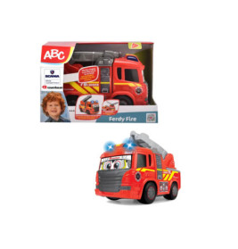 Rotes Spielzeug-Feuerwehrauto mit Kulleraugen, blinkenden Lichtern und Leiter, in und außerhalb der Verpackung.