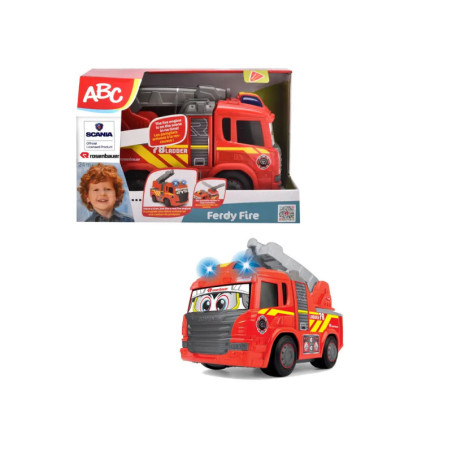 Rotes Spielzeug-Feuerwehrauto mit Kulleraugen, blinkenden Lichtern und Leiter, in und außerhalb der Verpackung.
