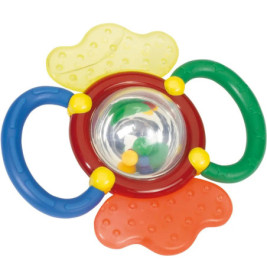Bunte Babyrassel mit drei strukturierten Schlaufen und durchsichtigem Mittelteil mit kleinen Perlen.