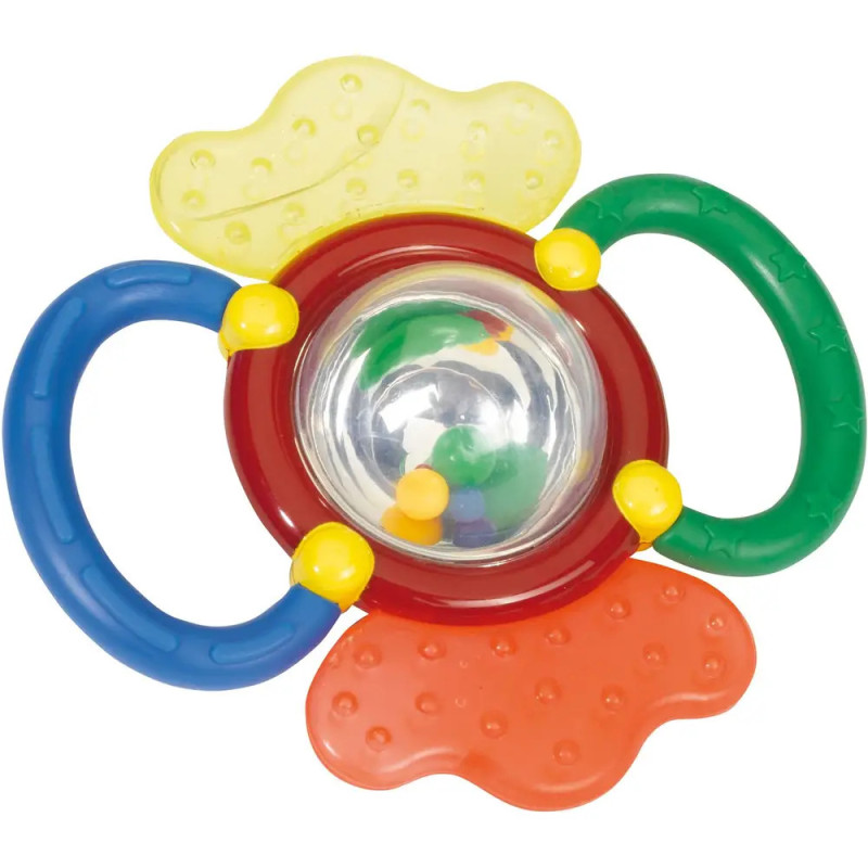 Bunte Babyrassel mit drei strukturierten Schlaufen und durchsichtigem Mittelteil mit kleinen Perlen.