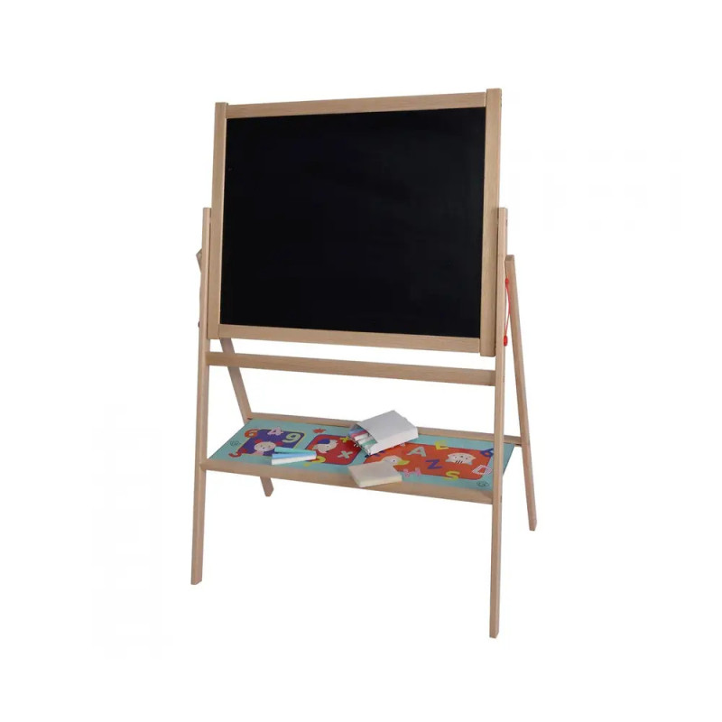 Staffelei aus Holz mit schwarzer Tafel, unterem Ablagebrett für Bücher und Papiere, vor weißem Hintergrund.