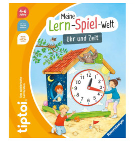 Kinder spielen um ein großes Uhrenhaus, dazu steht: Meine Lern-Spiel-Welt: Uhr und Zeit.