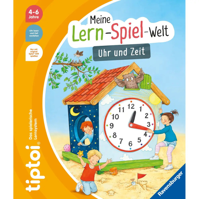 Kinder spielen um ein großes Uhrenhaus, dazu steht: Meine Lern-Spiel-Welt: Uhr und Zeit.
