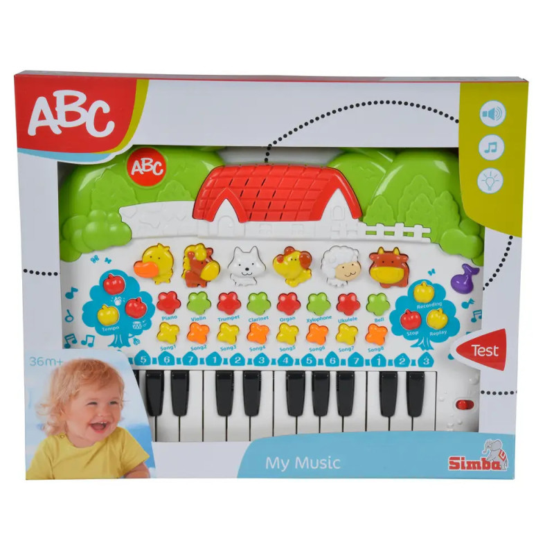 Spielzeug-Klavier mit Tierknöpfen, Bauernhofmotiv und Noten auf der Verpackung Aufschrift: ABC My Music.
