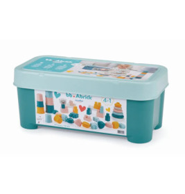 Eine türkis-blaue Box mit bb Abrick enthält bunte Stapel- und Sortierbausteine für Kinder.
