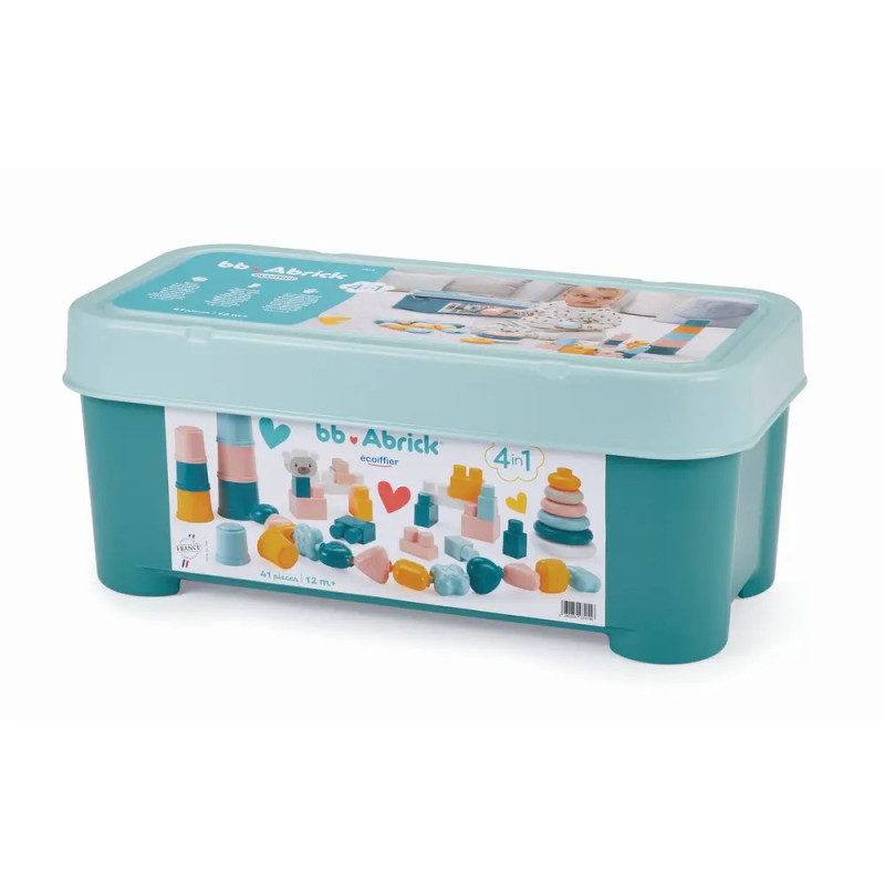Eine türkis-blaue Box mit bb Abrick enthält bunte Stapel- und Sortierbausteine für Kinder.