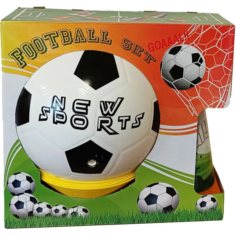 Box mit Aufschrift Football Set, zeigt einen schwarz-weißen Fußball und Grafiken von Cartoon-Fußbällen. Box mit Aufschrift Football Set, zeigt einen schwarz-weißen Fußball und Grafiken von Cartoon-Fußbällen.