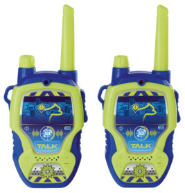 Zwei blau-gelbe Spielzeug-Walkie-Talkies mit Antennen und der Aufschrift TALK auf der Vorderseite.