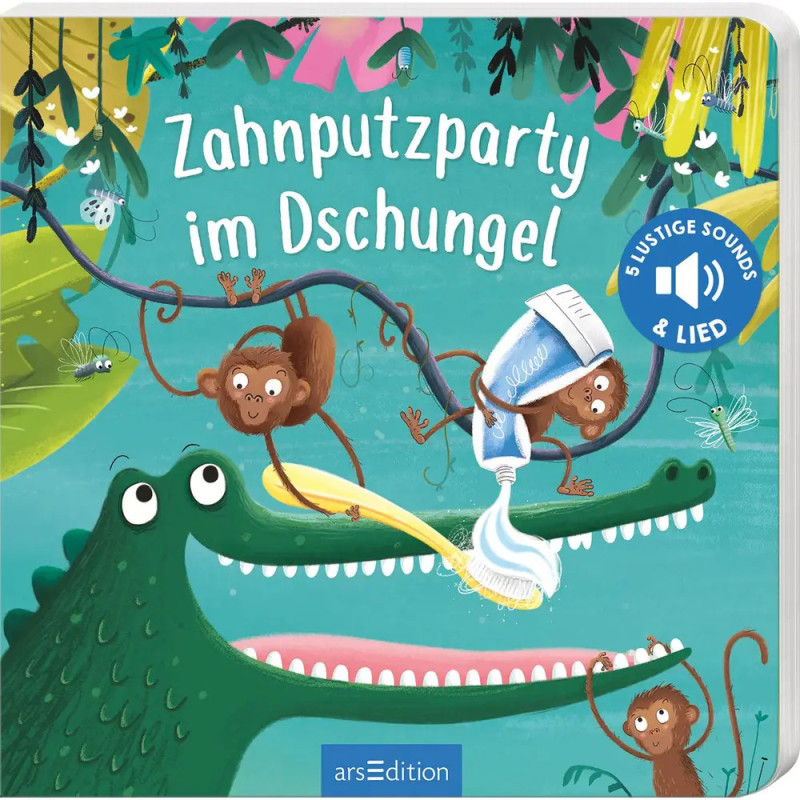 Drei Affen putzen in einer bunten Dschungelszene die Zähne eines lachenden Krokodils, Buchtitel auf Deutsch. Drei Affen putzen in einer bunten Dschungelszene die Zähne eines lachenden Krokodils, Buchtitel auf Deutsch.