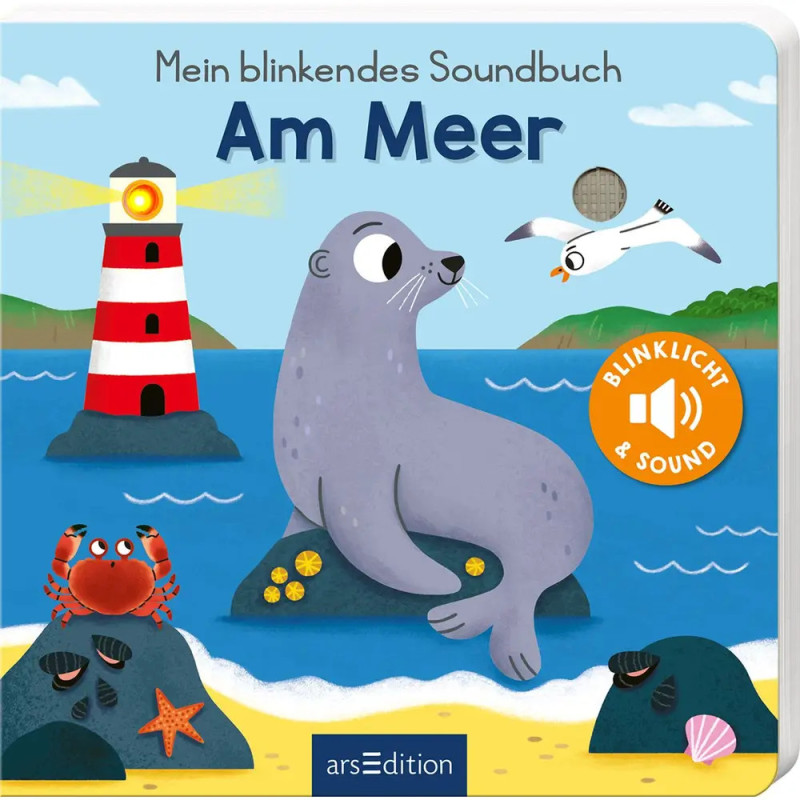 Kinderbuchcover mit Robbe, Krebs, Möwe, Felsen, Leuchtturm und Meer im Hintergrund.