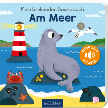 Kinderbuchcover mit Robbe, Krebs, Möwe, Felsen, Leuchtturm und Meer im Hintergrund.