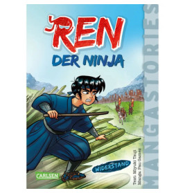 Ein Junge in blauer Ninja-Kleidung duckt sich mit Stab, während er im Hintergrund Menschen verfolgt. Text: Ren der Ninja.