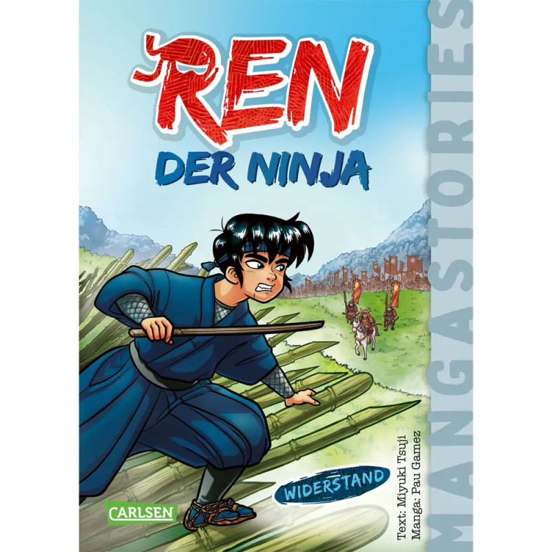 Ein Junge in blauer Ninja-Kleidung duckt sich mit Stab, während er im Hintergrund Menschen verfolgt. Text: Ren der Ninja. Ein Junge in blauer Ninja-Kleidung duckt sich mit Stab, während er im Hintergrund Menschen verfolgt. Text: Ren der Ninja.