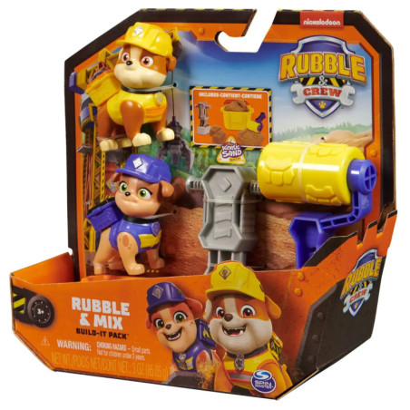 Rubble & Crew Build-It Pack Spielset mit zwei Hunde-Figuren, Werkzeug und Zubehör in der Verpackung.