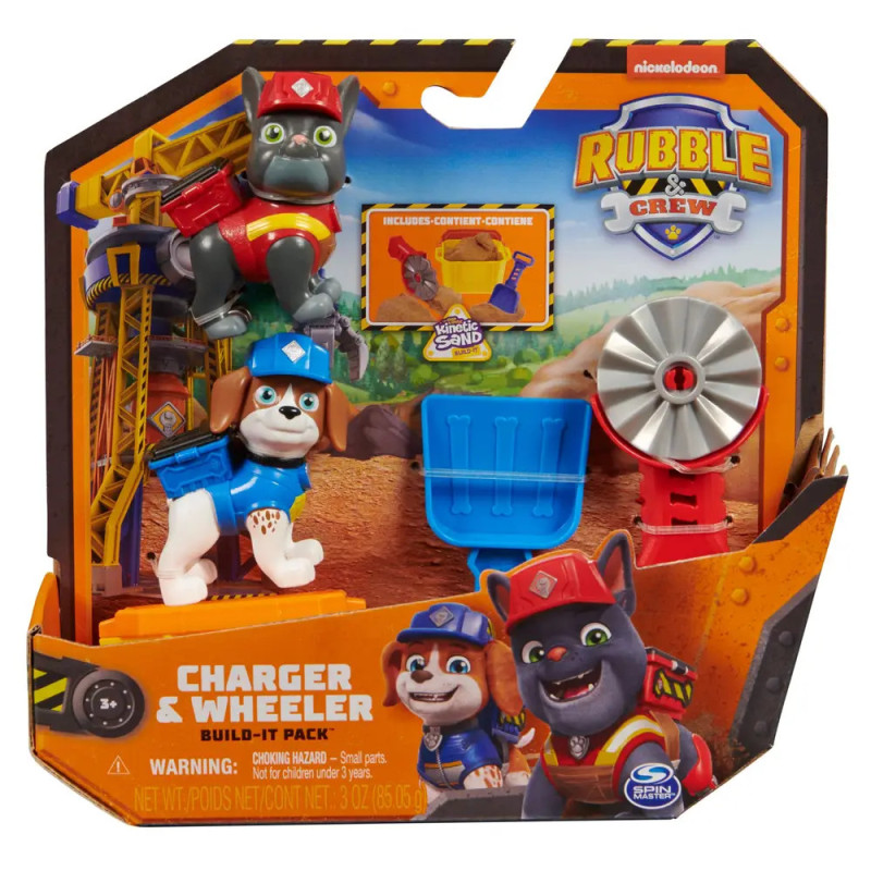 Rubble & Crew Charger Wheeler Build-It Pack mit zwei Hundefiguren, Werkzeug und Zubehör in der Verpackung.