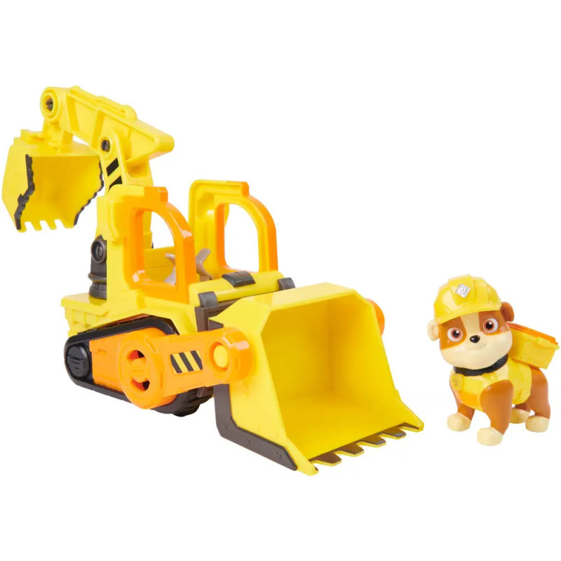 Spielzeug-Bulldozer in Gelb mit Hundefigur, die Bauhelm und Weste trägt. Spielzeug-Bulldozer in Gelb mit Hundefigur, die Bauhelm und Weste trägt.