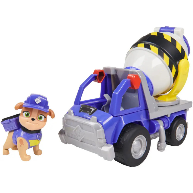 Paw Patrol Rubble Figur mit blauem Betonmischer-Spielzeugauto.