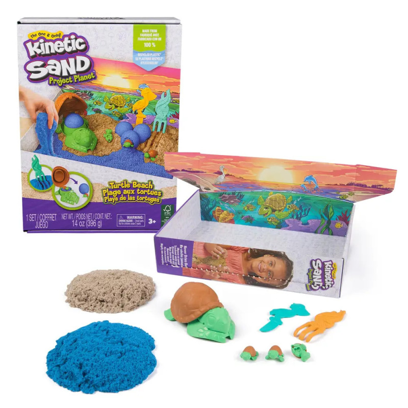 Kinetic Sand Turtle Beach Set mit blauem und braunem Sand, Förmchen, Werkzeugen und geöffneter Box mit Strandszene.