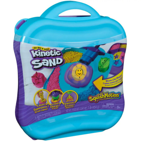 Blaues Kinetic-Sand-Etui mit buntem Sand und Formvorlagen auf der Verpackung. Blaues Kinetic-Sand-Etui mit buntem Sand und Formvorlagen auf der Verpackung.