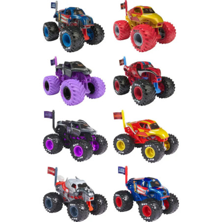 Acht bunte Spielzeug-Monstertrucks stehen in zwei Spalten auf weißem Hintergrund.