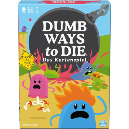 Bunte Spielbox von Dumb Ways to Die: Das Kartenspiel mit Comicfiguren und einer Abrissbirne.