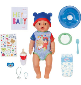 Babypuppe mit Fläschchen, Windel, Schüssel, Löffel, Lätzchen, Schnuller, Armband, Aufklebern, Karte und blauem Hut.