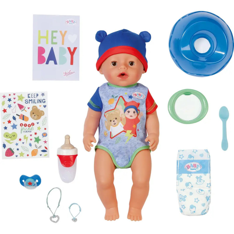 Babypuppe mit Fläschchen, Windel, Schüssel, Löffel, Lätzchen, Schnuller, Armband, Aufklebern, Karte und blauem Hut.