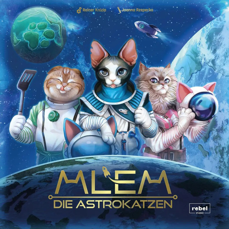 Vier Katzen in Astronautenanzügen stehen auf einem Planeten vor der Erde, mit dem Text: MLEM: Die Astrokatzen.