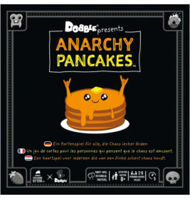 Cartoon-Pfannkuchenstapel mit Sirup, zeigt Rock-Geste, Aufschrift: Anarchy Pancakes.