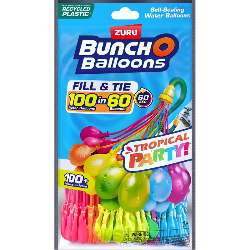 Zuru Bunch O Balloons Packung mit bunten Wasserbomben und dem Schriftzug Tropical Party. Zuru Bunch O Balloons Packung mit bunten Wasserbomben und dem Schriftzug Tropical Party.
