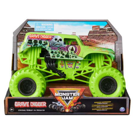 Grüner Grave Digger Monster Jam Spielzeugtruck in Verpackung vor Stadionhintergrund mit auffälligem Branding.