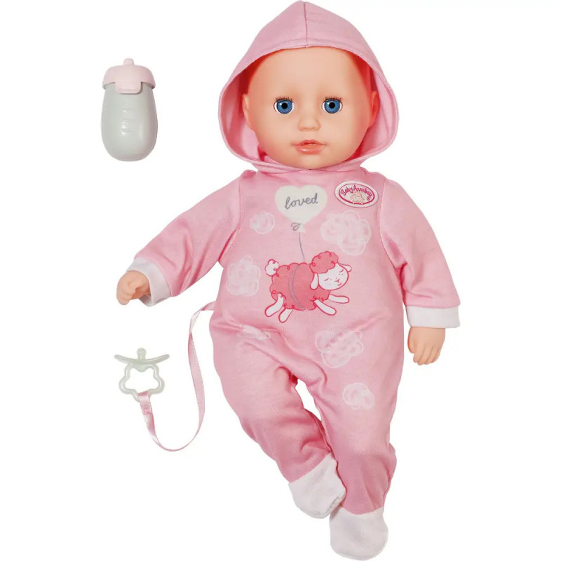 Babypuppe im rosa Kapuzen-Strampler mit Schnullerclip, daneben steht ein Milchfläschchen. Babypuppe im rosa Kapuzen-Strampler mit Schnullerclip, daneben steht ein Milchfläschchen.