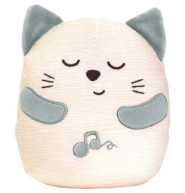 Plüschkatze mit grauen Ohren, Armen, geschlossenen Augen und einer Musikalnote auf dem Bauch.