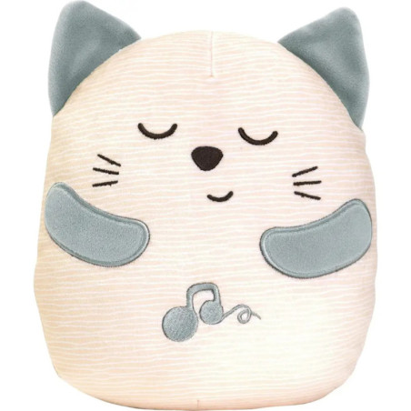 Plüschkatze mit grauen Ohren, Armen, geschlossenen Augen und einer Musikalnote auf dem Bauch.