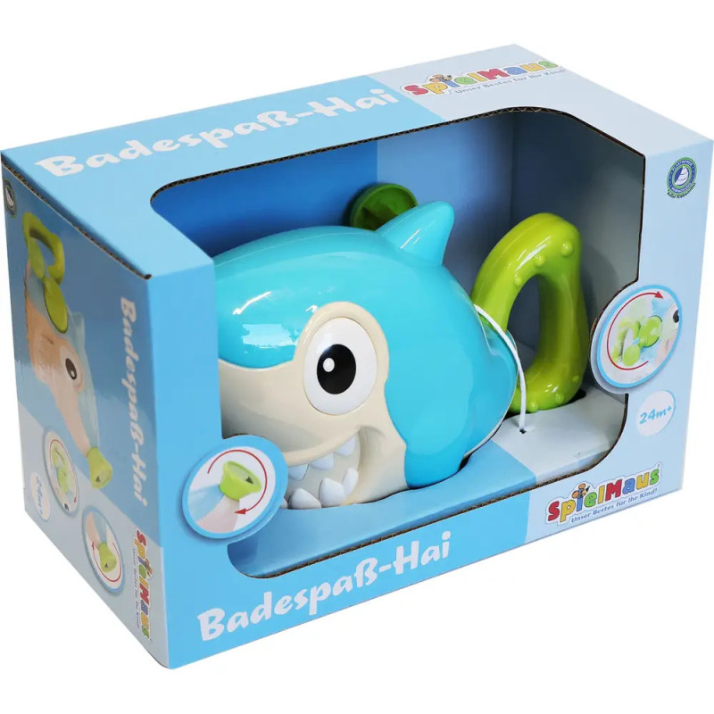 Blau-grünes Bade-Spielzeug in Hai-Form in Verpackung mit Aufschrift Badespaß-Hai und verspieltem Design.