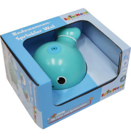 Blaues Wal-Bade-Spielzeug in einer blauen Box mit Sichtfenster und dem Aufdruck Badewannen-Sprinkler Wal.