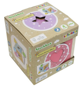 Karton mit Herz- und Stern-Fenster, dient als Verpackung für ein Holz-Formsortierspielzeug für Kinder.