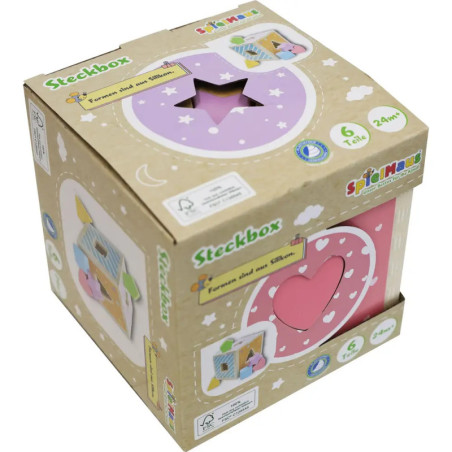 Karton mit Herz- und Stern-Fenster, dient als Verpackung für ein Holz-Formsortierspielzeug für Kinder.