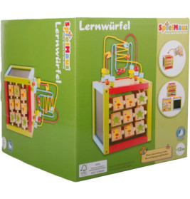 Grüne SpielMaus Lernwürfel-Box mit Abbildungen eines Holz-Aktivitätswürfels für Kinder ab 12 Monaten.