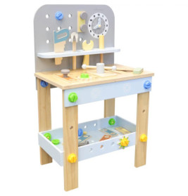 Holzspielzeug-Werkbank mit Werkzeug, bunten Schrauben, Uhr und Ablagefach für fantasievolles Rollenspiel.