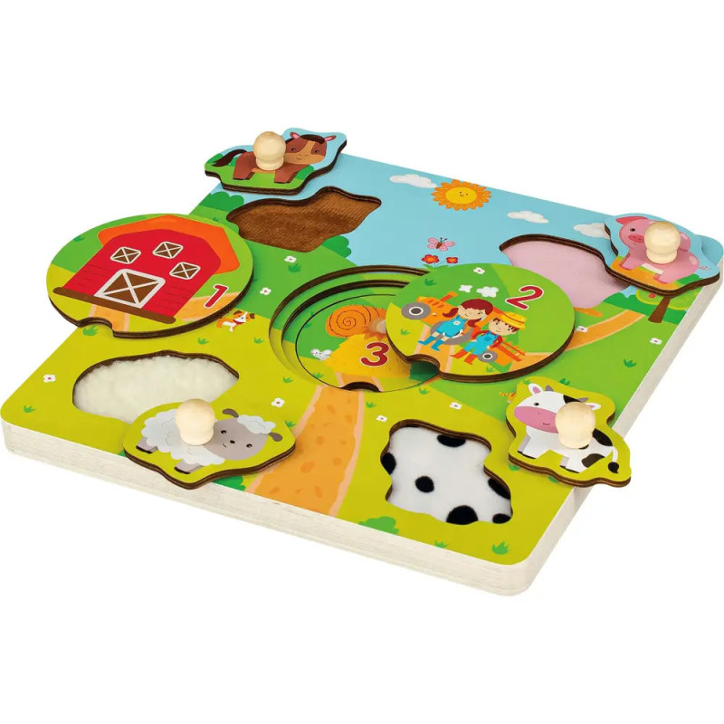 Buntes Holzpuzzle mit Kuh-, Schaf- und Schwein-Teilen zum Herausnehmen, Scheune, Zahlen und Strukturbereichen.