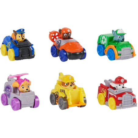 Sechs bunte Spielzeugfahrzeuge, jeweils mit einem anderen Paw Patrol-Tier als Fahrer.