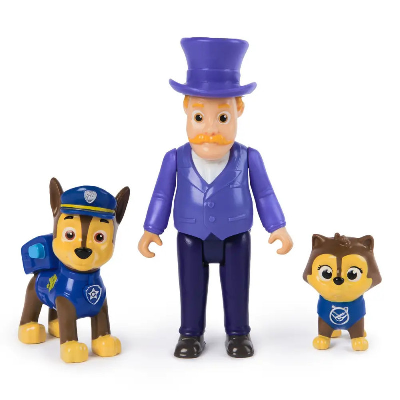 Drei PAW Patrol Figuren: ein Hund in Polizeiuniform, ein Mann im lila Anzug mit Hut und ein kleiner brauner Welpe. Drei PAW Patrol Figuren: ein Hund in Polizeiuniform, ein Mann im lila Anzug mit Hut und ein kleiner brauner Welpe.
