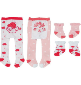 Zwei Babystrumpfhosen und vier Sockenpaare in Rosa, Weiß und Rot mit niedlichen Motiven.