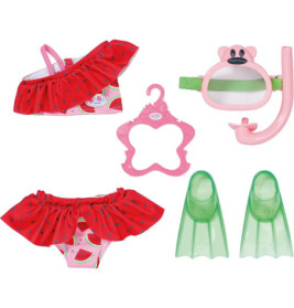 Puppen-Bade-Set mit Wassermelonen-Badeanzug, pinkem Bügel, grünen Flossen und rosa Schnorchelmaske.