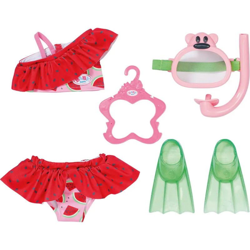 Puppen-Bade-Set mit Wassermelonen-Badeanzug, pinkem Bügel, grünen Flossen und rosa Schnorchelmaske. Puppen-Bade-Set mit Wassermelonen-Badeanzug, pinkem Bügel, grünen Flossen und rosa Schnorchelmaske.
