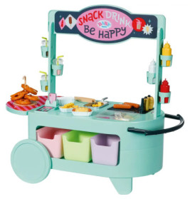 Spielzeug-Snackwagen mit Spielessen, Flaschen und bunten Boxen, beschriftet mit SNACK DRINK Be Happy.